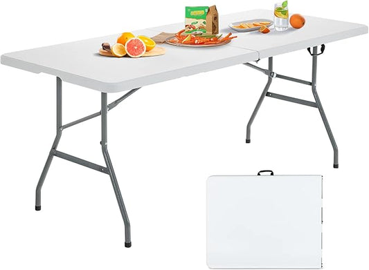 S AFSTAR 6FT Plastic Folding Tables, Indoor Outdoor Heavy Duty Camping Table with Carry Handle, 330 LBS Load Capacity, Easy Fold Up Rectangle Table for Picnic Camping Beach BBQ, No Assembly, White