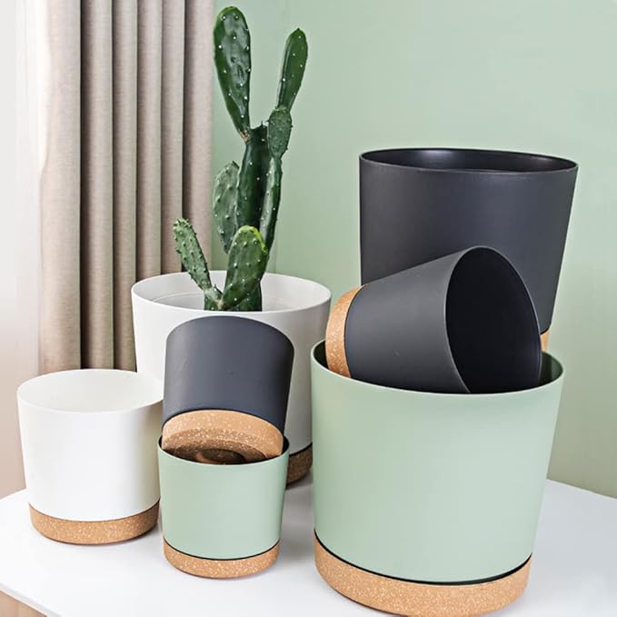 ZMTECH Plant Pots, Set of 3 8'' Self Watering Plastic Planter with Drainage Hole and Saucer, Modern Decorative Flower Pot for Indoor Outdoor House Plants, Succulents, Flowers - White