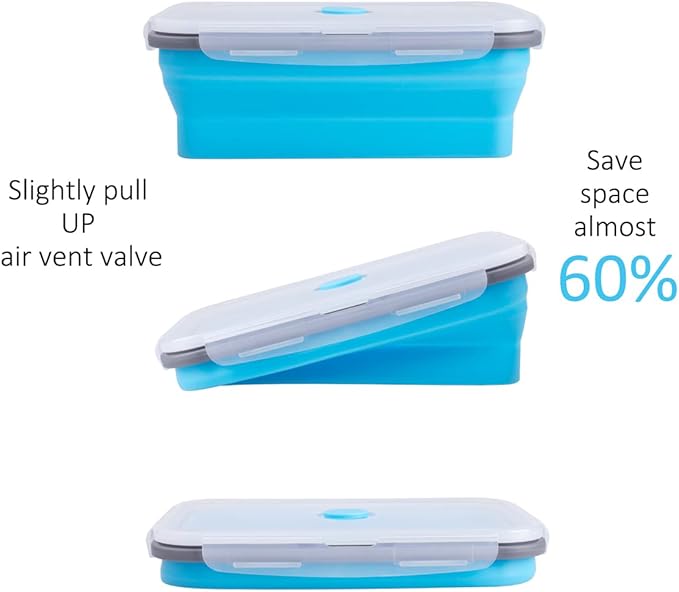 Collapsible Food Storage Containers with Airtight Lid & Air Vent, 40.5 oz, Kitchen Stacking Silicone Collapsible Meal Prep Container Set for Leftover, Microwave Freezer Dishwasher Safe, Blue, Set of 4