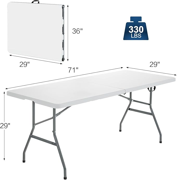 S AFSTAR 6FT Plastic Folding Tables, Indoor Outdoor Heavy Duty Camping Table with Carry Handle, 330 LBS Load Capacity, Easy Fold Up Rectangle Table for Picnic Camping Beach BBQ, No Assembly, White