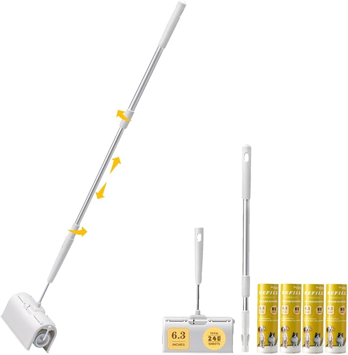 Large Surface Lint Roller with Extendable Long Handle Dust-Proof Cover 6.3'' Wider 240 Sheets, Long Handle Sticky Mop for Cleaning Furniture Carpet Floor Curtains and Pet Hair