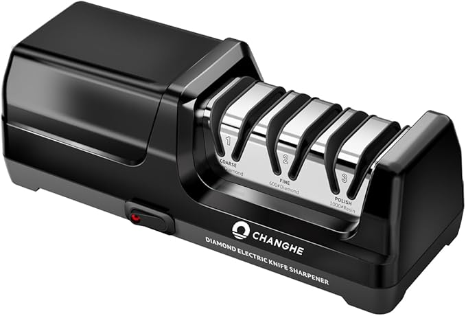 Electric Kitchen Knife Sharpener,3 Stages Diamond Abrasives of 360 Grit,600 Grit and 1000 Grit for Sharpening Stainless Steel Knives and Ceramic Knives, for Kitchens and Restaurants (20° Angle)