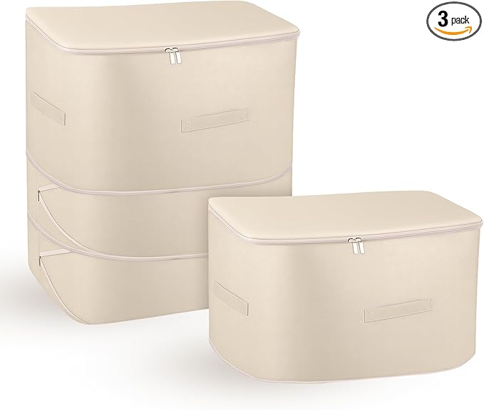 3 Pack 3-Layer Blanket Storage Organizer Comforter Storage Bag Large Capacity Compression Bags Washable Ultra Space Saving Self Organizer for Sweaters Sheets Clothes Pillow Beige