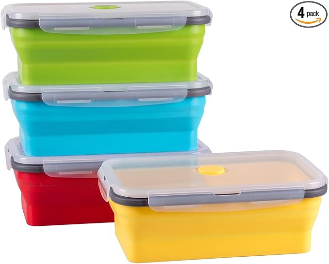 Collapsible Food Storage Containers with Airtight Lid, 40.5 oz, Large Kitchen Stacking Silicone Collapsible Meal Prep Container Set for Leftover, Microwave Freezer Dishwasher Safe, 4 Colors, Set of 4