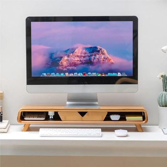 Bamboo Monitor Stand, Modern and Simple Laptop Stand for Desk, Monitor Riser with Storage Drawer for Home Study, Office, No Assembly