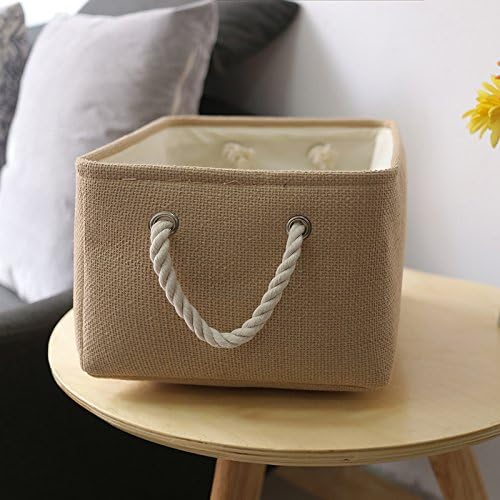 TheWarmHome Decorative Basket Rectangular Small Storage Basket Fabric Storage Bin Organizer Basket with Handles for Clothes Storage (Beige, 11.8L×7.9W×5.2H inch)