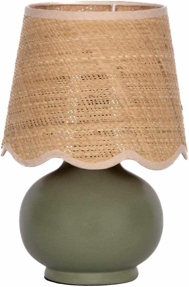 BoutiqueRugs Navarro Boho Ceramic Bedside Table Lamp for Bedroom Nightstand and Living Room - Shade Rattan - Green, Beige - 13" H