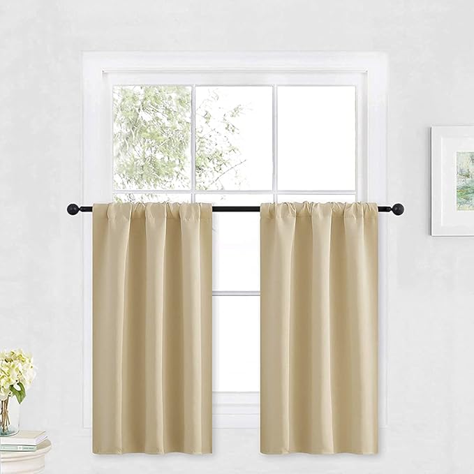 RYB HOME Half Window Curtains - Thermal Insulated Blackout Curtain Tiers Set for Kids Nursery Kitchen Dining Bedroom Bathroom Laundry, 29 inch Wide x 36 inch Long, Biscotti Beige, 1 Pair