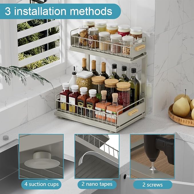 Under Sink Organizer, Pull Out Kitchen Cabinet Organizer 2 Tier Slide Out Under Sink Organizers and Storage, Sink Shelf Cabinet Storage Shelves for Kitchen Bathroom Pantry, Grey