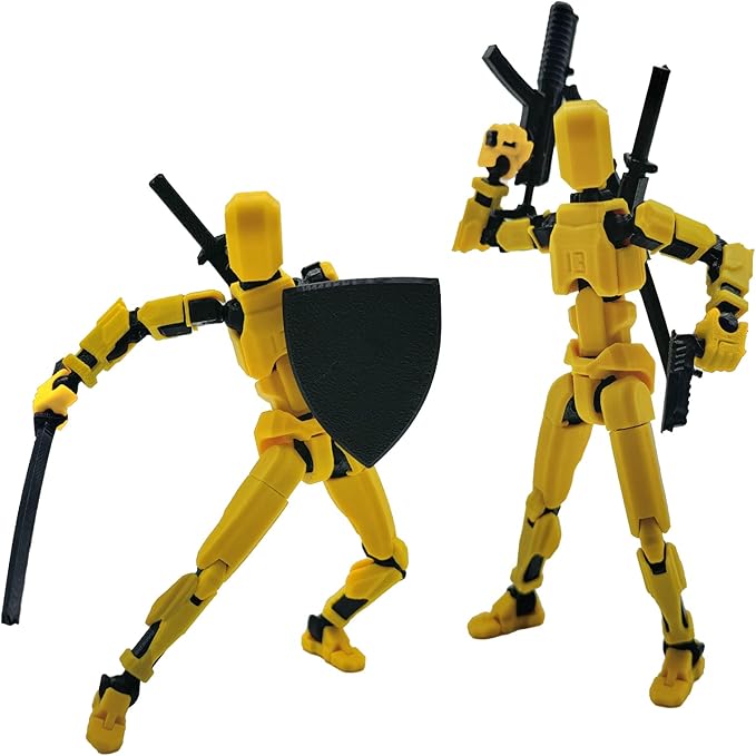 (Assembly Completed) 3D Printed Figure 5.54-inch Dummy13 with Weapon Expansion Set, Full Body Mechanical Movable Toy, Desk Decoration. (Yellow)