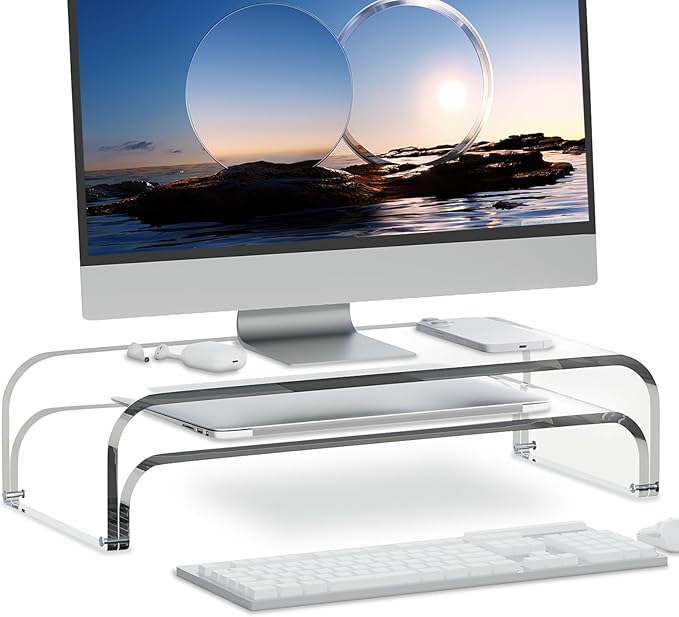 Acrylic Dual Monitor Stand Riser 2 Tier, Modular Laptop Stand for Desk, Multifunctional Desktop Organizer Shelf for PC, iMac, Printer, Detachable Monitor Stand for Office or Home, Clear