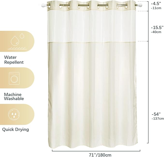 VIUOON No Hook Shower Curtain with Thick Fabric Bathroom Curtain with See Through Top, Hotel Grade, Machine Washable, 71Wx74L, Beige（No Liner）