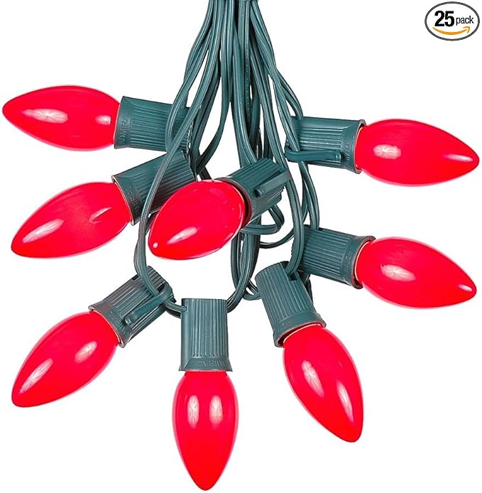 25 Foot C9 Red Ceramic Christmas String Light Set - Outdoor Christmas Light String - – Opaque Christmas Bulbs - Roofline Light String – Outdoor String Lights - Green Wire