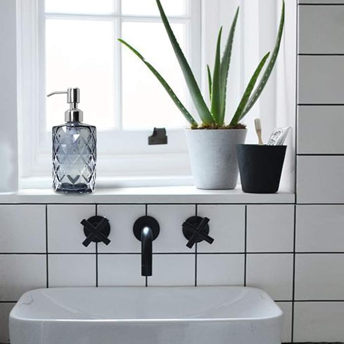 JASAI Diamond Design Glass Soap Dispenser with 304 Rust Proof Stainless Steel Soap Pump, 12 Ounce Kitchen Soap Dispenser for Bathroom, Hand Soap, Dish Soap (Grey)