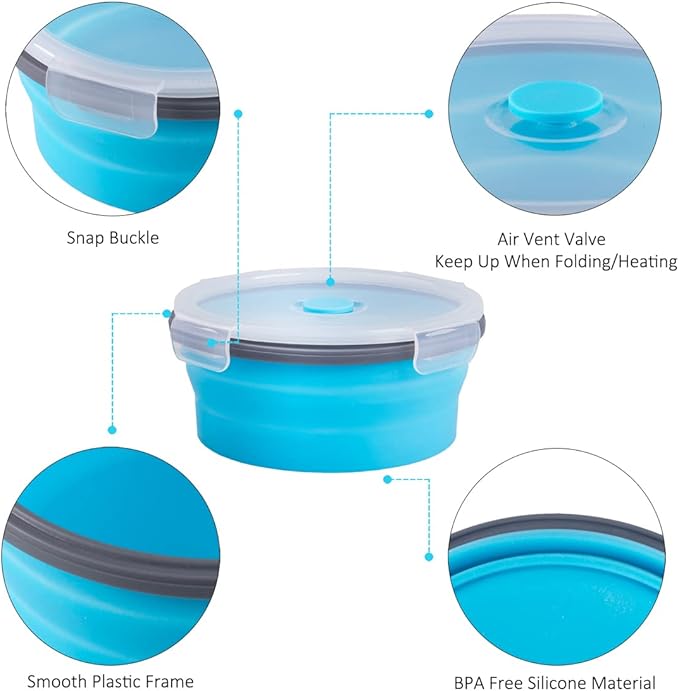 Collapsible Food Storage Containers Round with Airtight Lid, 27 oz, Kitchen Stacking Silicone Collapsible Meal Prep Container Set for Leftover, Microwave Freezer Dishwasher Safe, Blue, Set of 4