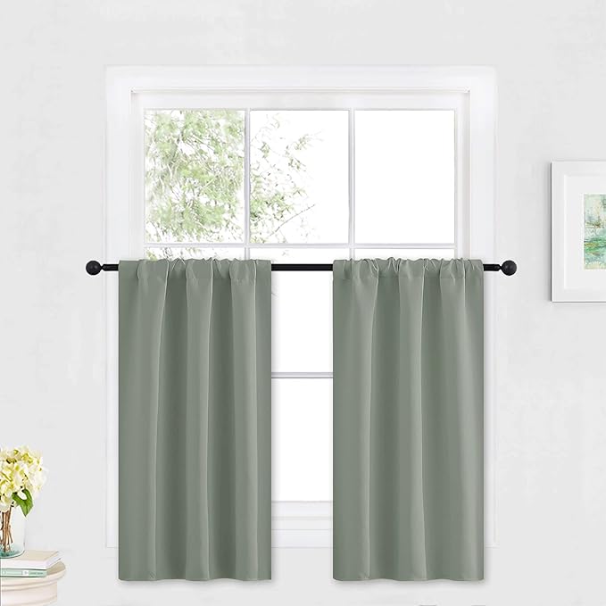 RYB HOME Grayish Green Short Curtains Blackout, 30 inch Durable Cafe Curtains Room Darkening Window Drapes Privacy Protection for Basement Closet Kithen, W29 x L30 inch, 2 Panels