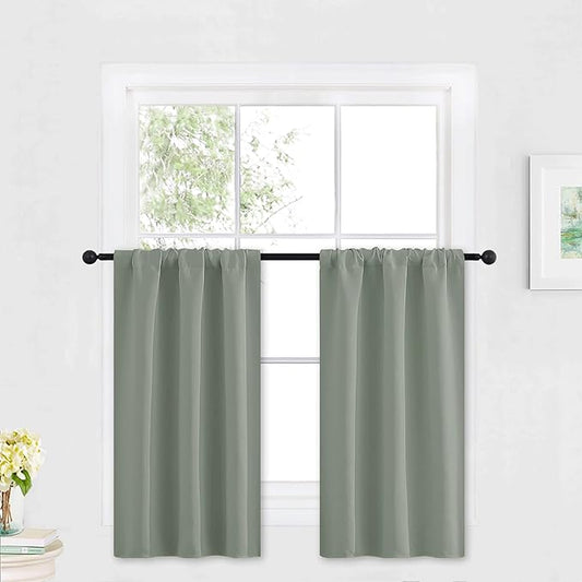 RYB HOME Grayish Green Short Curtains Blackout, 30 inch Durable Cafe Curtains Room Darkening Window Drapes Privacy Protection for Basement Closet Kithen, W29 x L30 inch, 2 Panels