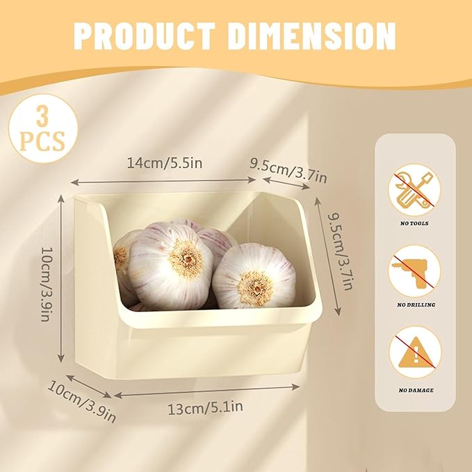 3 Pack Wall Mounted Storage Organizer Bins, Floating Shelves Fridge Organizer Storage Bins, Stackable Organizer Basket for Wall, Refrigerator, Kitchen, Bathroom, Countertops, Pantry (White)