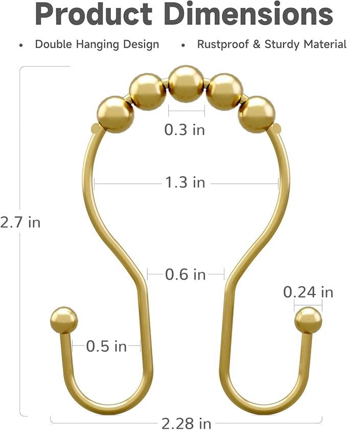 Gold Shower Curtain Hooks, Shower Curtain Hook Shower Curtain Rings Rust Proof Smooth Double Shower Curtain Hooks, Shower Hooks for Shower Curtain Bathroom Shower Rod Hook 12 Pcs
