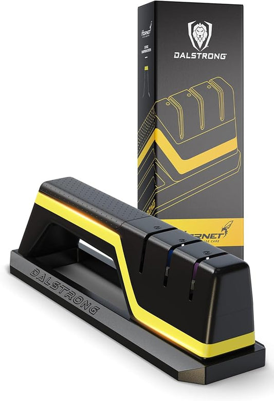 DALSTRONG Hornet Kitchen Knife Sharpener - All Purpose Sharpener Refillable Water Reservoir - Aluminum Alloy & Premium ABS - #180 Coarse, #400 Medium, #600 Fine Ceramic Wheels Sharpening Whetstones