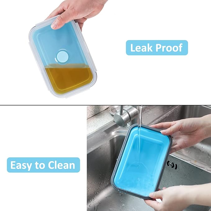 Collapsible Food Storage Containers with Airtight Lid & Air Vent, 4 Sizes, Kitchen Stacking Silicone Collapsible Meal Prep Container Set for Leftover, Microwave Freezer Dishwasher Safe, Blue, Set of 4