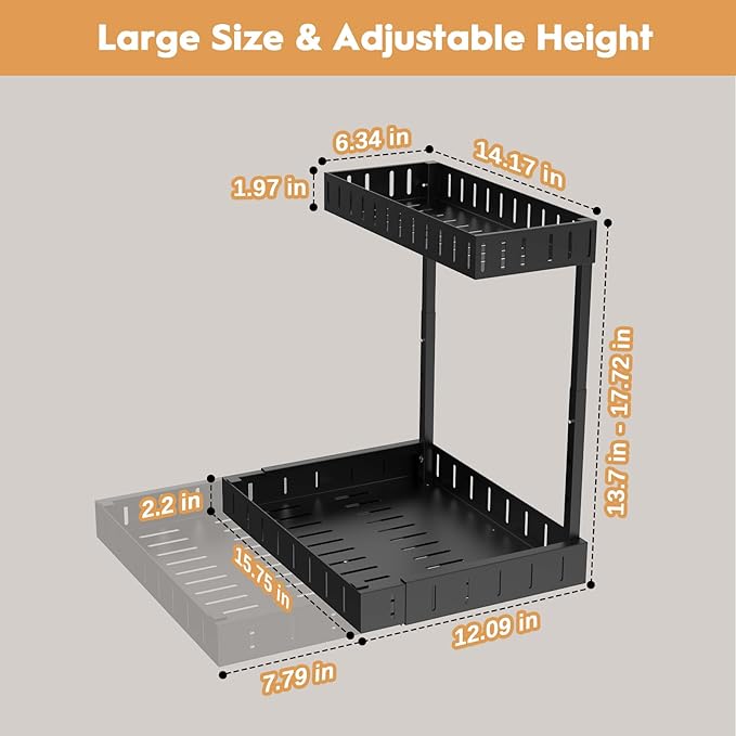 REALINN Under Sink Organizer, 2 Tier Expandable Under Cabinet Organizer, Heights Adjustable Pull Out Storage for Kitchen Bathroom Laundry, Black, 2 Pack