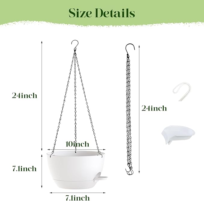 10 Inch Hanging Planters with Chains 2 Pack Self Watering White Plastic Hanging Pots for Indoor Outdoor Plants, Garden Porch Home Decor (White)