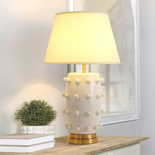 Modern Ceramic Linden Table Lamp - 30" White Ball Farmhouse Design, Classic Nightstand Large Linden Lamp Tapered Drum Shade for Living Room, Bedroom, Office, and Home （White）