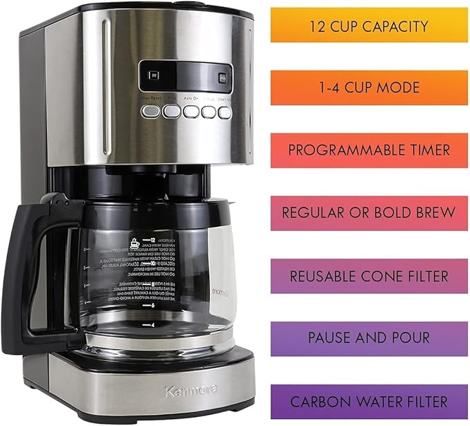 Kenmore Drip Coffee Maker - 12 Cup Programmable Cafe Machine With Glass Pot, Regular & Bold Brew, Auto Shut Off Large Water Reservoir, Reusable Filter, Kitchen Appliances, Black