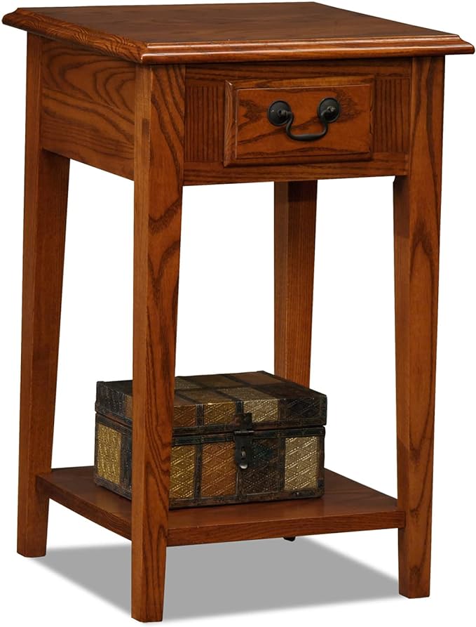 Leick Home Haven Ridge Accent Table, Solid Wood End Table, Square Side Table, Black Hardware, 1 Drawer, Display Shelf, Easy Assembly, Medium Oak, 15 in x 15 in x 24 in, 9041-MED