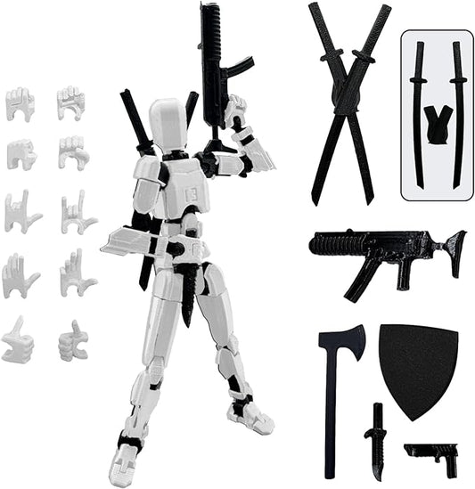 (Assembly Completed) 3D Printed Figure 5.54-inch Dummy13 with Weapon Expansion Set, Full Body Mechanical Movable Toy, Desk Decoration. (White)