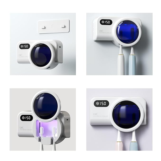 Toothbrush Holder & UV Sanitizer, FullHouse Toothbrush Cleaner with Air Drying and Rechargeable, Bathroom Wall Mounted, for All Electric & Manual Toothbrush