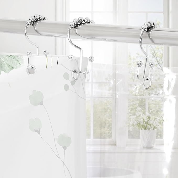 Gibelle 3 in 1 Shower Curtain Set, Sage Green Watercolor Floral Bath Curtain and PEVA Liner Set with 12 Double Sided Steel Hooks, Waterproof Fabric Bathroom Curtain 72x72