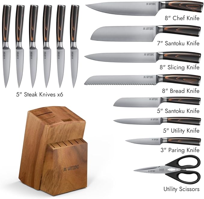 Yatoshi 15 Piece Knife Block Set S Series - Pro Kitchen Knife Set Ultra Sharp High Carbon Stainless Steel with Ergonomic Handle