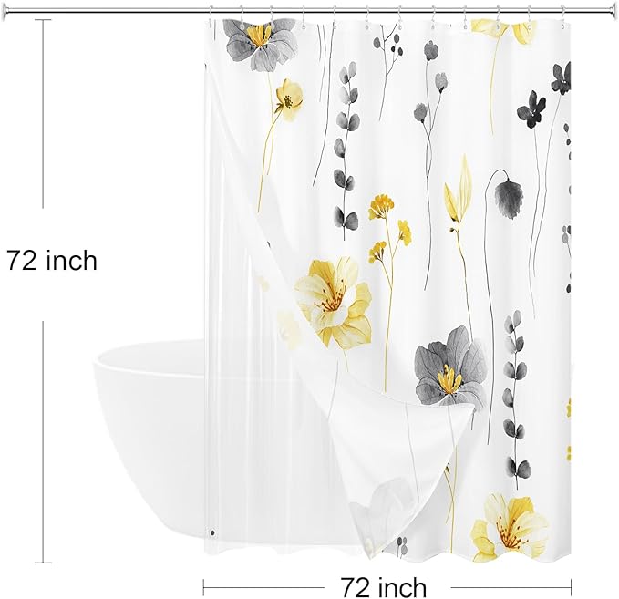 Gibelle 3 in 1 Shower Curtain Set, Yellow Watercolor Floral Bath Curtain and PEVA Liner Set with 12 Double Sided Steel Hooks, Waterproof Fabric Bathroom Curtain 72x72