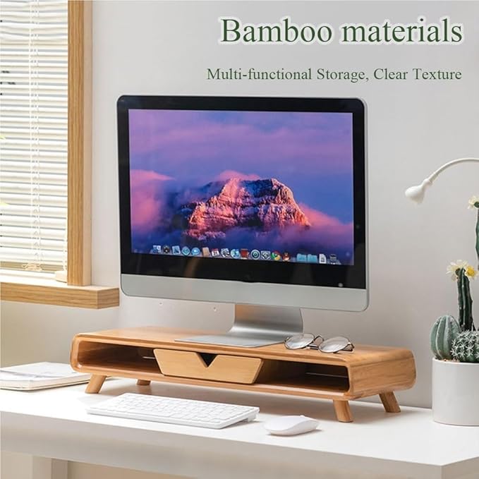 Bamboo Monitor Stand, Modern and Simple Laptop Stand for Desk, Monitor Riser with Storage Drawer for Home Study, Office, No Assembly