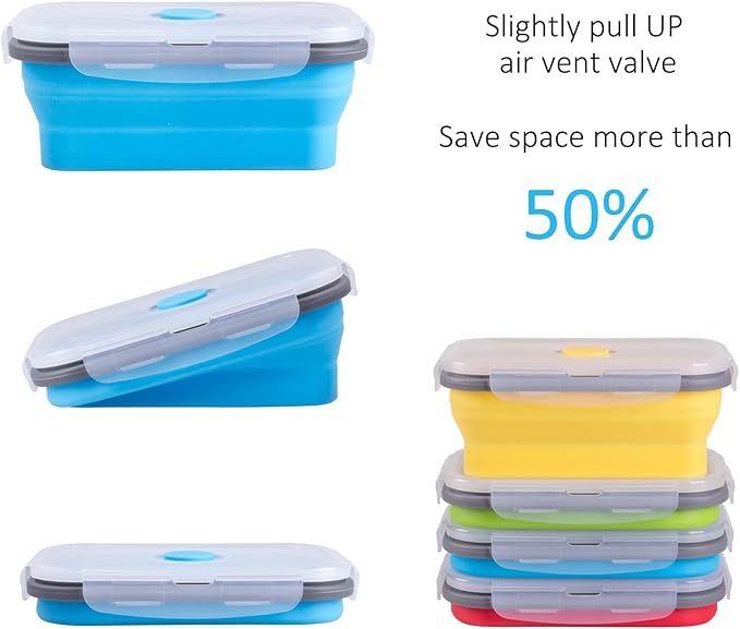 Collapsible Food Storage Containers with Airtight Lid, 16.9 oz, Small Kitchen Stacking Silicone Collapsible Meal Prep Container Set for Leftover, Microwave Freezer Dishwasher Safe, 4 Colors, Set of 4