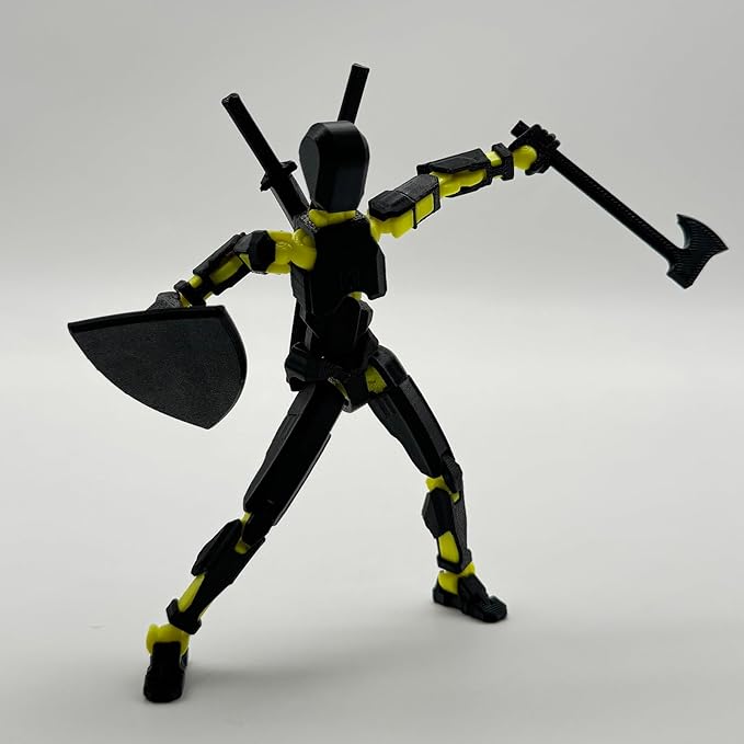 (Assembly Completed) 3D Printed Figure 5.54-inch Dummy13 with Weapon Expansion Set and Bracket, Full Body Mechanical Movable Toy, Desk Decoration. (Black+Yellow)