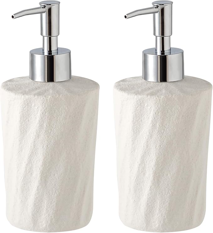 Soap Dispensers 340mL 11.5 OZ, 2 PCS Luxurious Hand Dish Lotion Shampoo Soap Dispenser Jar, Natural Stone Look Soap Pump Bottles for Kitchen Bathroom Countertop (White)