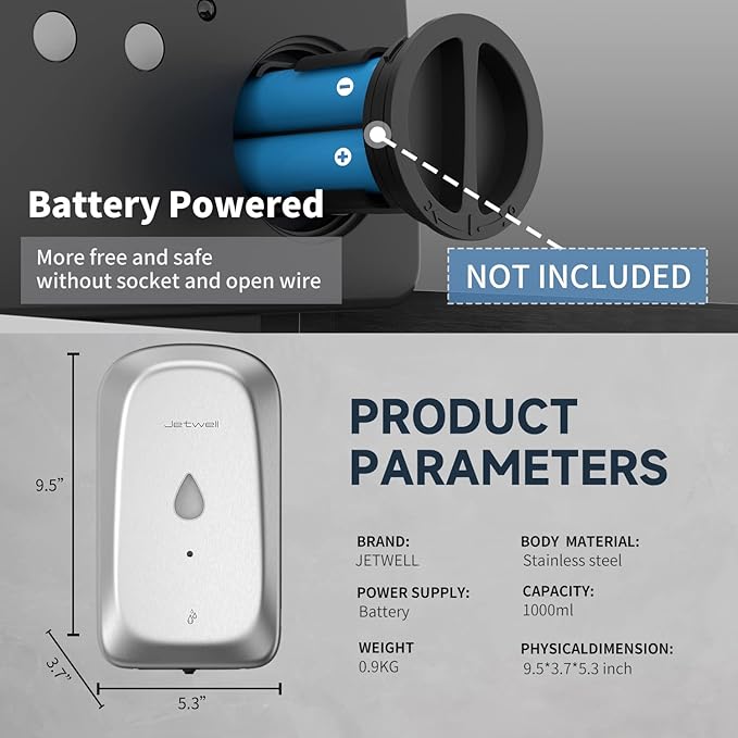 JETWELL Automatic Touch-Less Wall Mount Hand Soap Dispenser Liquid Drop Battery Operated, Brushed Stainless Steel Cover Large Capacity 34OZ/1000ML for Kitchen Home Commercial Bathroom