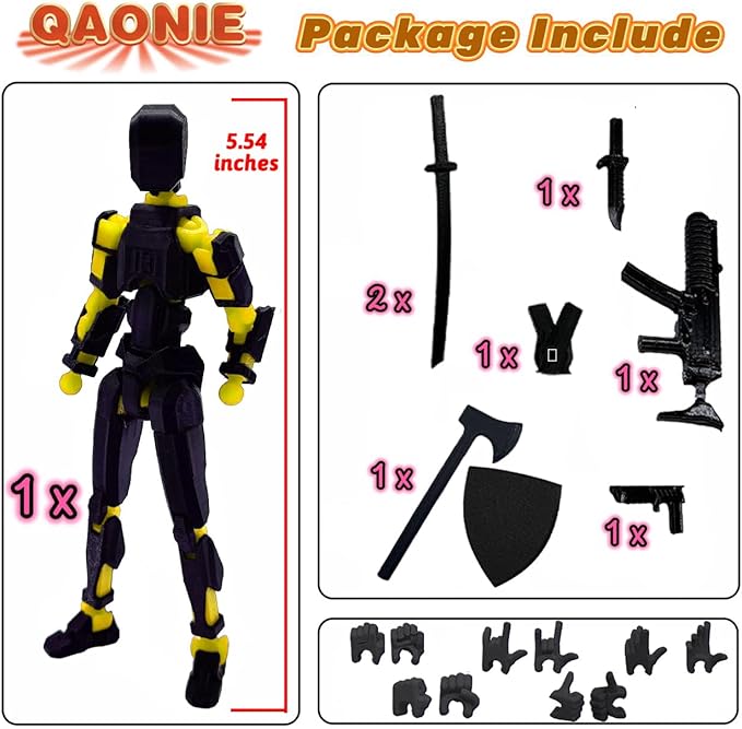 (Assembly Completed) 3D Printed Figure 5.54-inch Dummy13 with Weapon Expansion Set and Bracket, Full Body Mechanical Movable Toy, Desk Decoration. (Black+Yellow)
