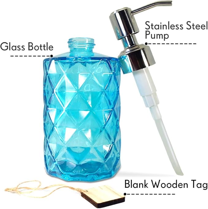 JASAI Diamond Design Soap Dispenser with 304 Rust Proof Stainless Steel Soap Pump, 12 Ounce Kitchen Soap Dispenser for Bathroom, Hand Soap, Dish Soap (Clear Blue).