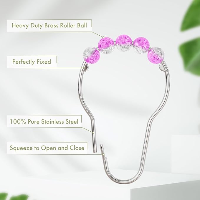 Amazer Pink Shower Curtain Hooks, Decorative Shower Curtain Hooks Smooth Glide, Shower Curtain Rings Rustproof Stainless Steel Shower Hooks for Pink Bathroom Decor 12pcs