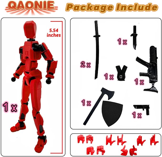 (Assembly Completed) 3D Printed Figure 5.54-inch Dummy13 with Weapon Expansion Set, Full Body Mechanical Movable Toy, Desk Decoration. (Bright Red)