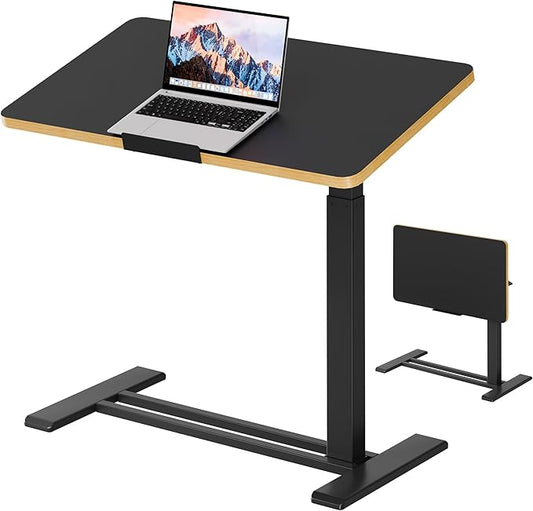 SANODESK Medical Adjustable Overbed Bedside Table with Casters 90° Tilt Top Pneumatic Mobile Rolling Laptop Computer Standing Desk Cart with Tray, Hospital and Home Use(31.5" W x 17.7" D, Black)