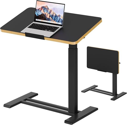 SANODESK Medical Adjustable Overbed Bedside Table with Casters 90° Tilt Top Pneumatic Mobile Rolling Laptop Computer Standing Desk Cart with Tray, Hospital and Home Use(27.6" W x 15.7" D, Black)