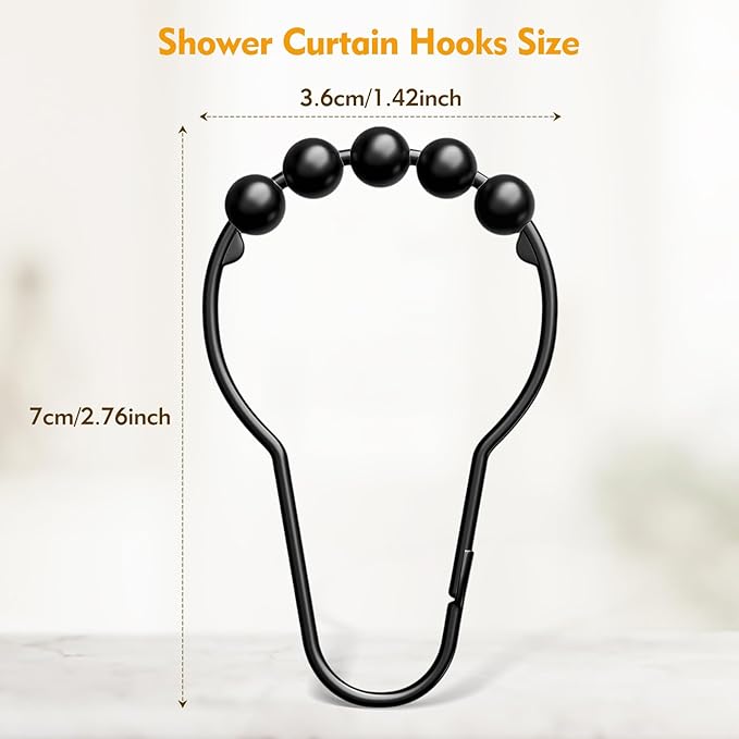 12PCS Shower Curtain Hooks, Shower Curtain Rings Black Rust Proof for Bathroom Shower Rods, Metal Shower Hooks Smooth＆Quick Sliding