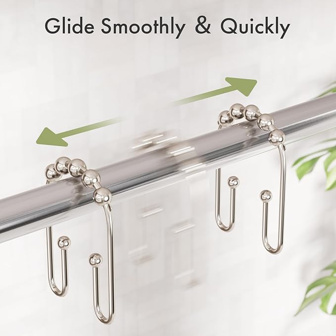 AmazerBath Shower Curtain Hooks, Metal Shower Curtain Rings Rust Proof, Double Sided Shower Curtain Hooks for Shower Curtain Liner Smooth Brushed Nickel Shower Hook Rings for Bathroom, Set of 12