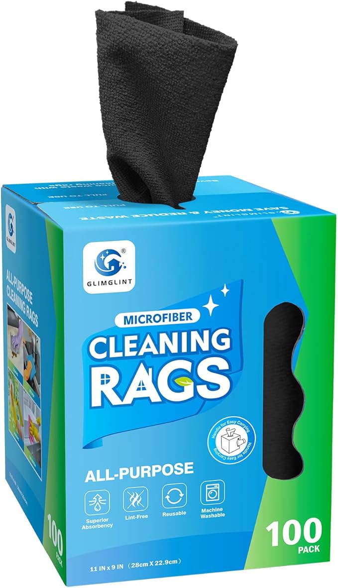 GLIMGLINT Microfiber Cleaning Cloth, 100 Pack Shop Towels, Lint-Free, Ultra Absorbent Reusable or Disposable Microfiber Cloths for Kitchen, Car, Cleaning Rags, 11" x 9", Black