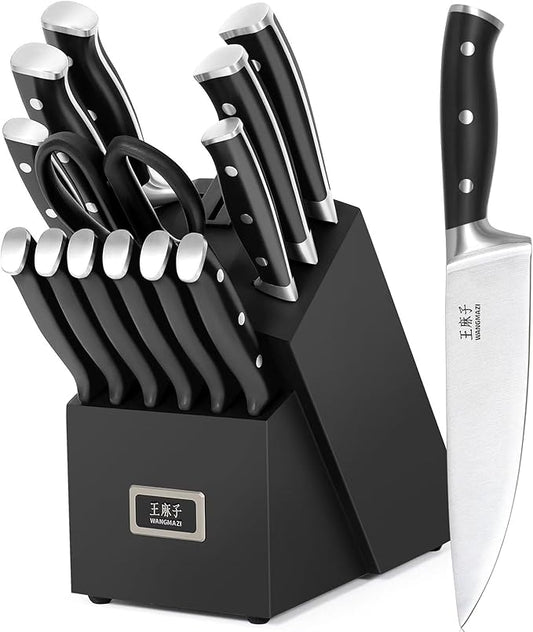Premium Chef Knife Set,High Carbon Stainless Steel Ergonomic Rivet Handle,Sharp Knife Set for Kitchen,Hundreds of Years of Masterful Craftsmanship(Black,15PCS)